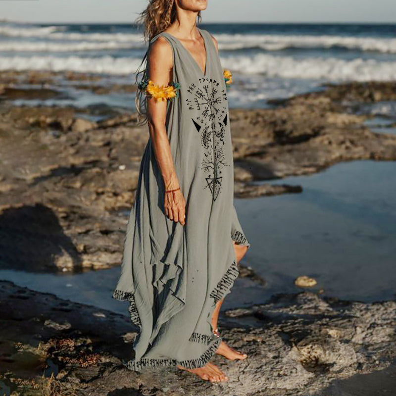 Retro Viking Totem Printed Linen V-Neck Maxi Dress