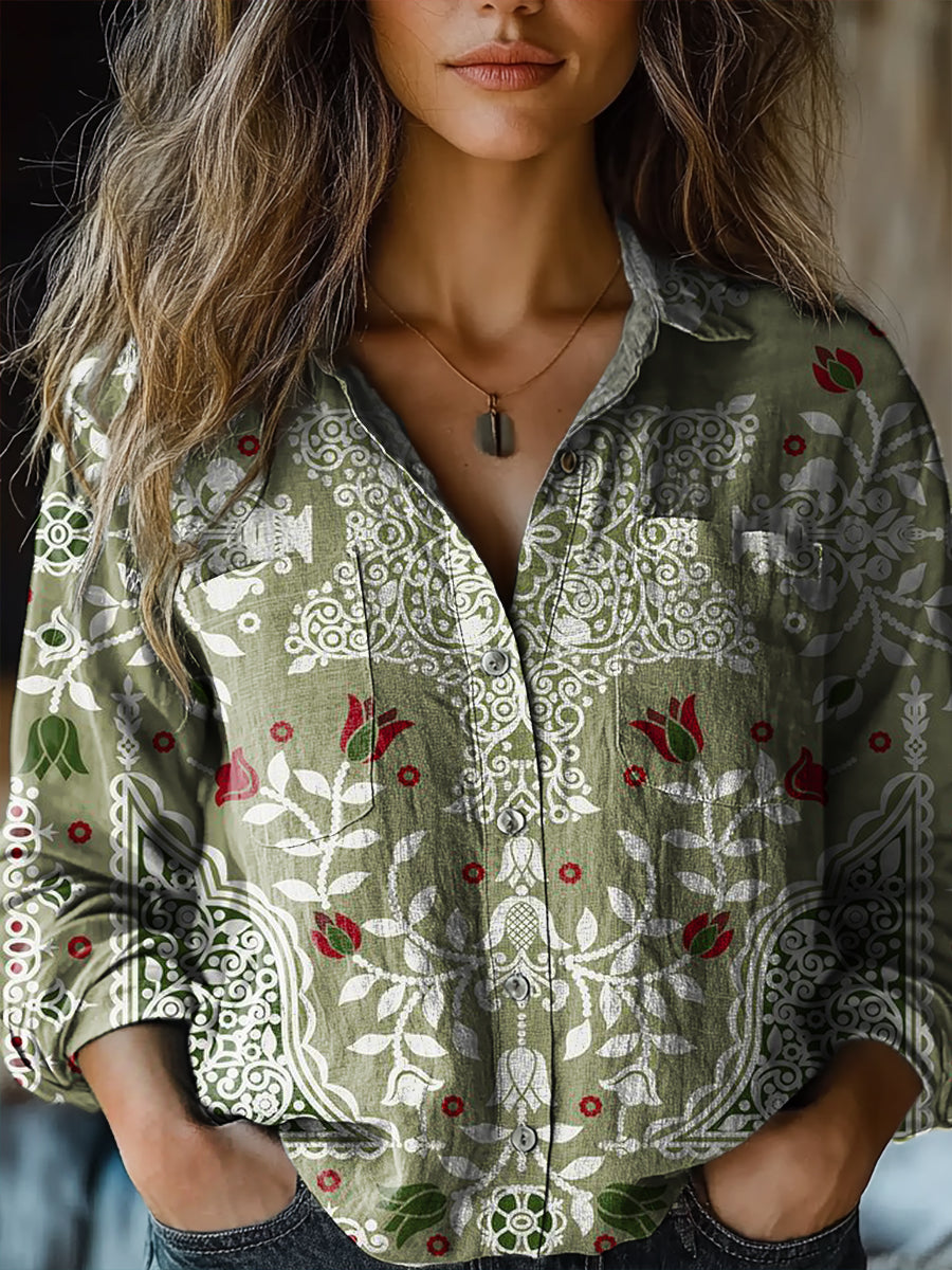 Women's Floral Art Print Casual Long Sleeve Comfortable Cotton Shirt