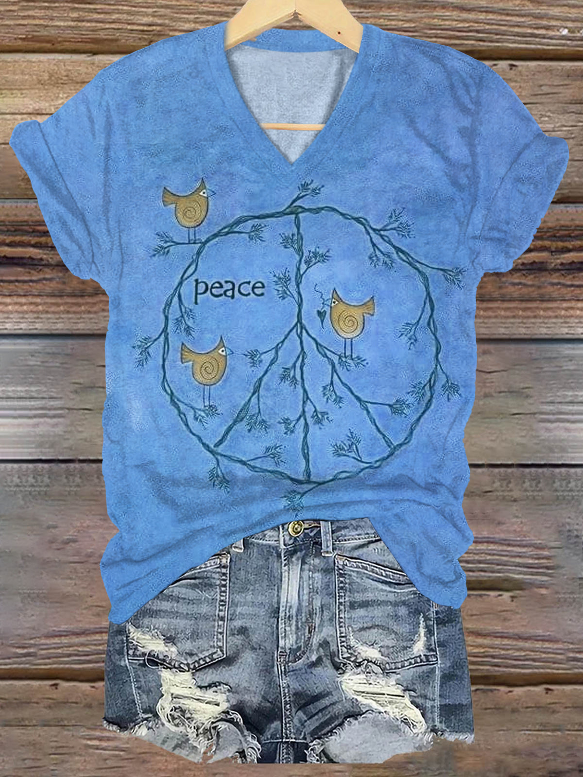 Women's Vintage Peace Love Birds Print Casual V-neck Casual T-Shirt