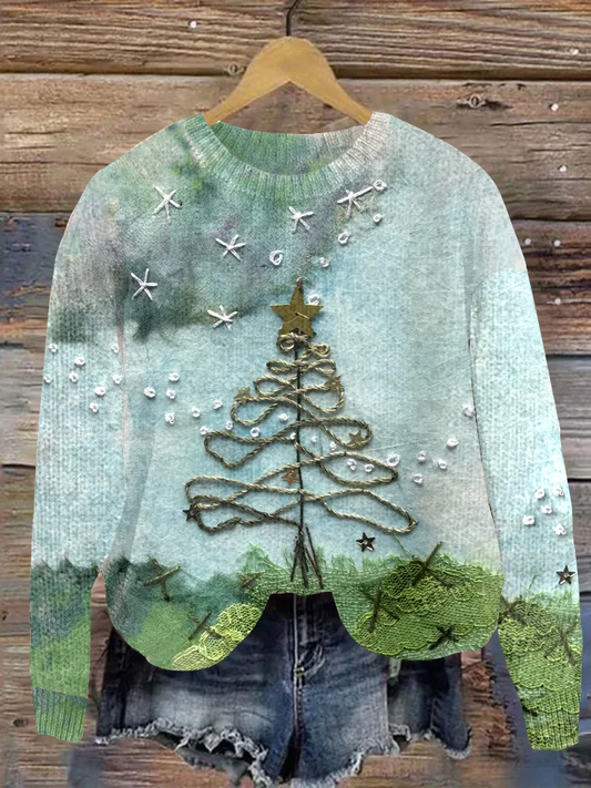 Women's Christmas Tree Art Print Crew Neck Casual Knit Pullover