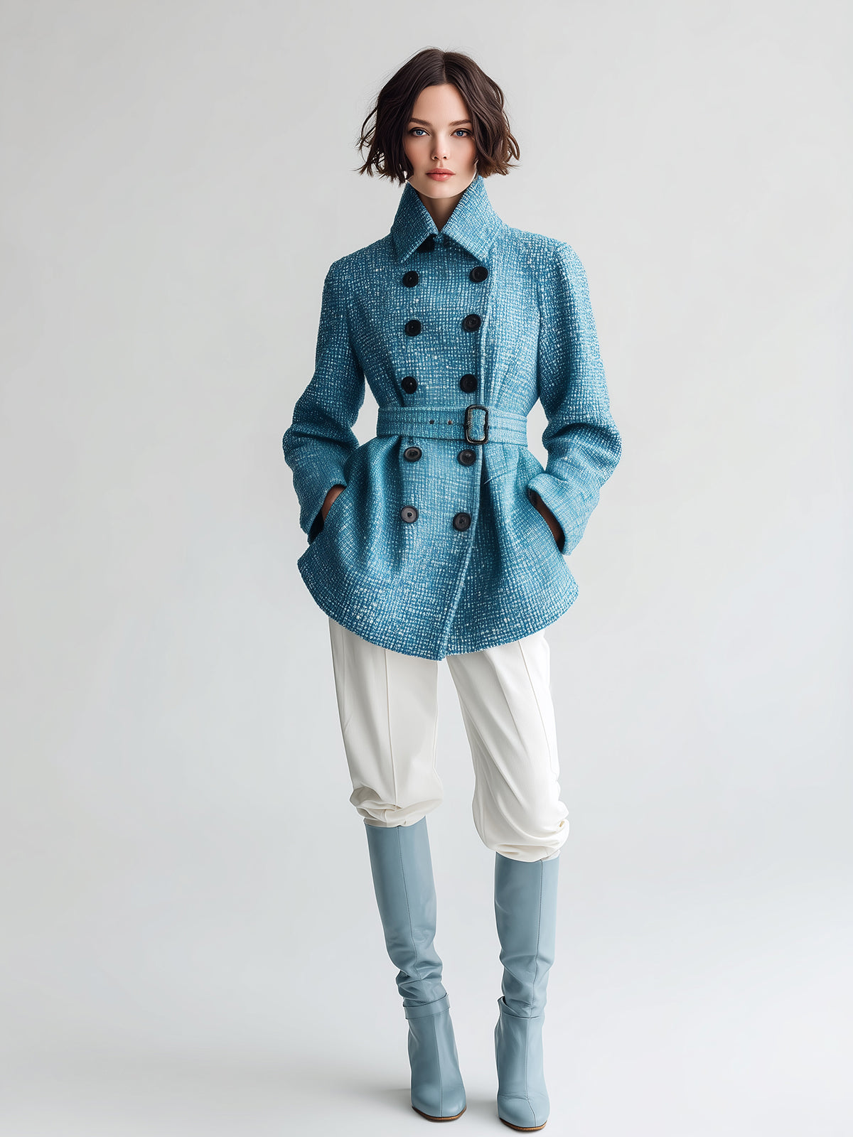 Taidalw Chic Vintage Blue Wool Blend Tweed Lapel Double-Breasted Belted Slim-Fit Short Coat