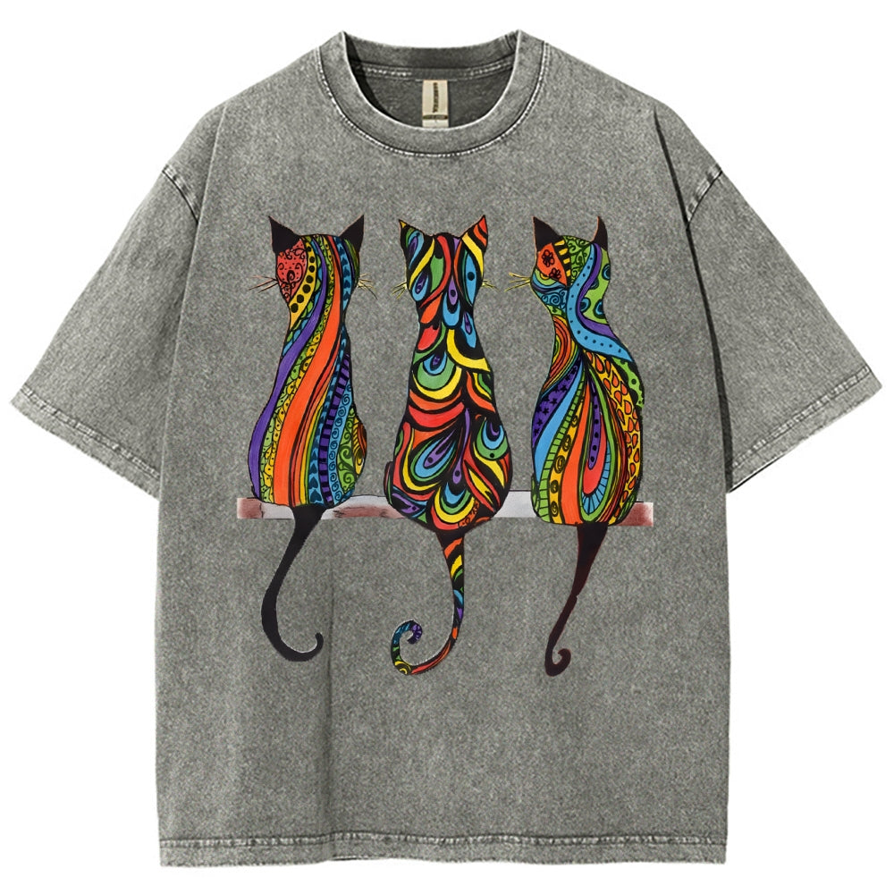 Unisex Colorful Geometric Cat Printed Washed Tee