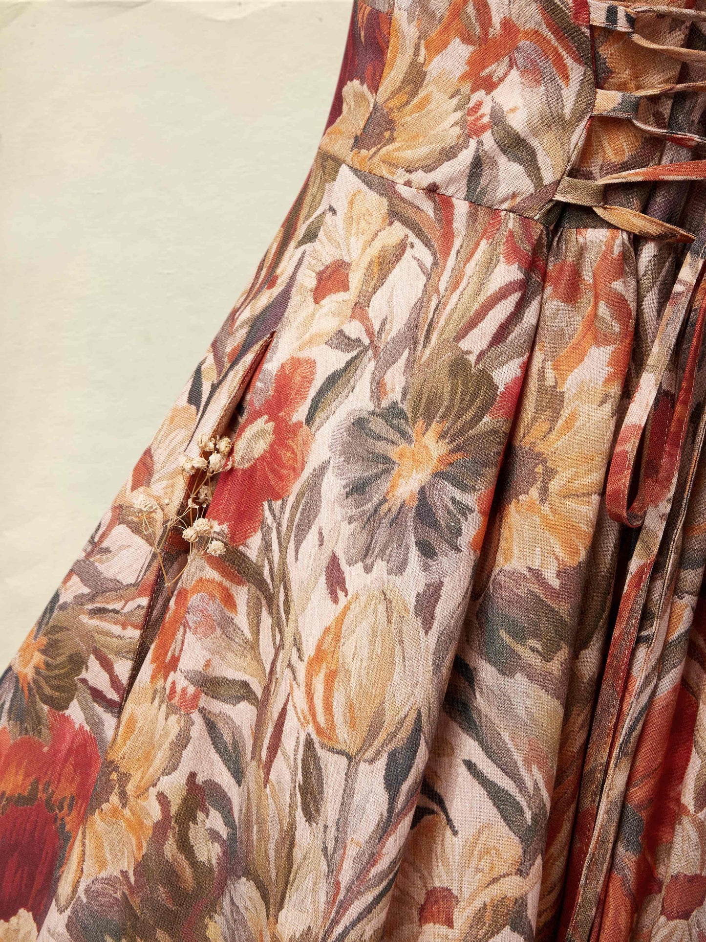 Midi Linen Dress, Long Sleeves, V Neck, Floral, Pocket Design, Vacation, Vintage, Yellow Brown