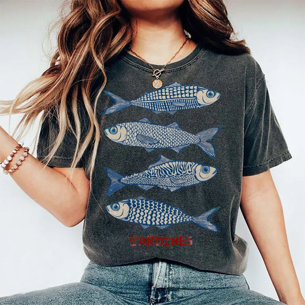 Unisex Sardines Printed Washed Tee