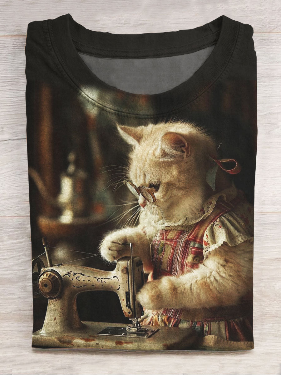 Funny Cat Print Casual Short Sleeve Top