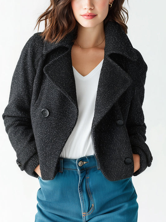 Taidalw Chic Vintage Black Twill Wool Blend Oversized Collar Double-breasted Short Coat