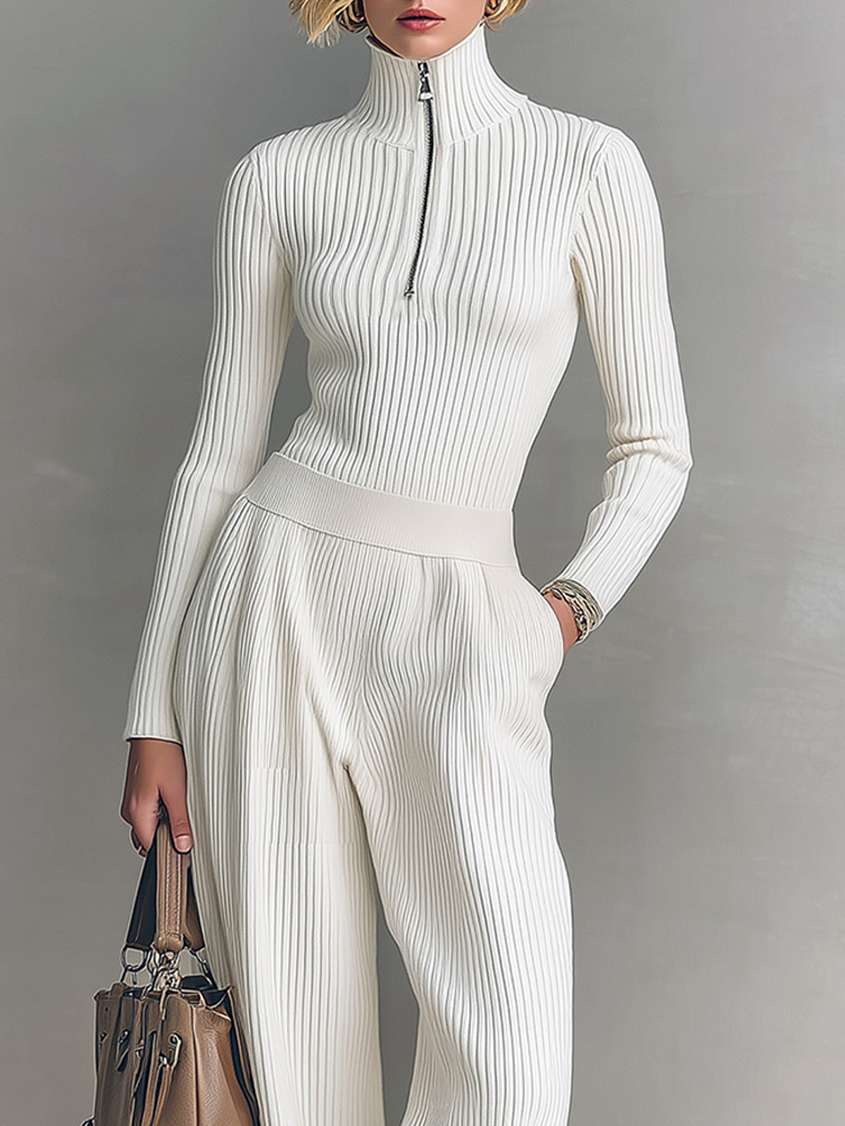 Taidalw Chic Elegant Zip-up Mock Neck Slim-Fit Sweater Elastic Waist Wide-Leg Pants Knit Two-Piece Set