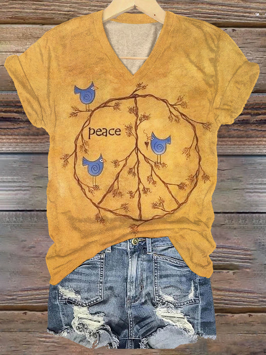 Women's Vintage Peace Love Birds Print Casual V-neck Casual T-Shirt