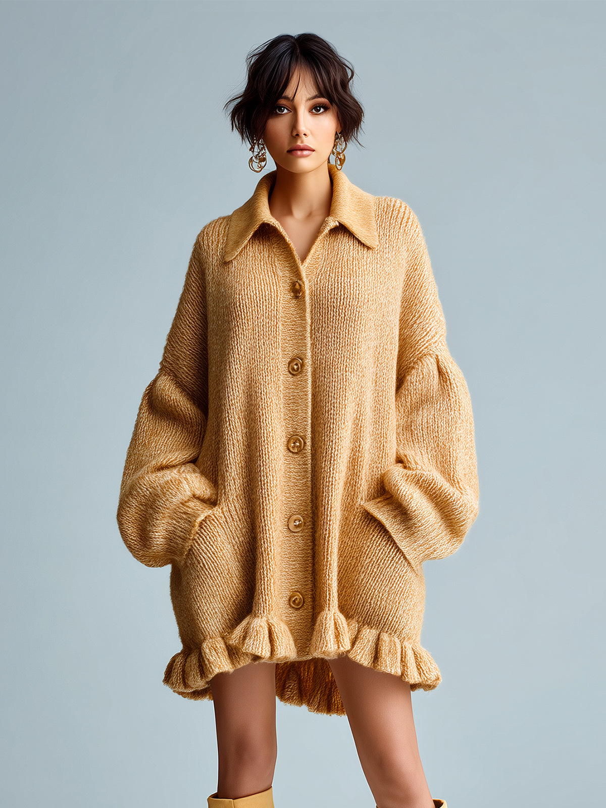 Taidalw Chic Casual Camel Lapel Single-Breasted Lantern Sleeve Ruffled Hem Slouchy Knit Cardigan