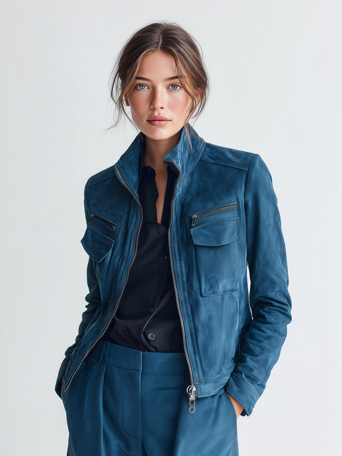 Taidalw Chic Vintage Dark Blue Faux Suede Stand-Collar Zipper Utility-Pocket Cropped Biker Jacket