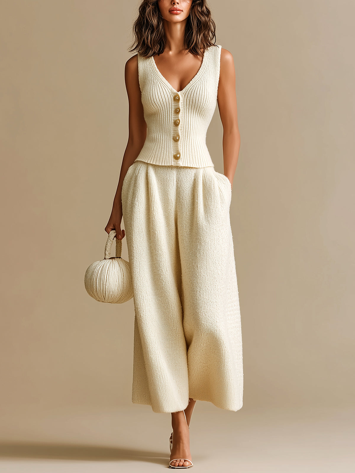 Taidalw Chic Elegant Beige Deep V-Neck Single-Breasted Slim-Fit Ribbed Vest And Wide-Leg Pants Knit Two-Piece Set