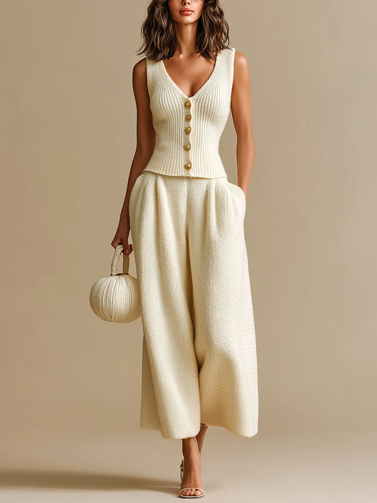 Taidalw Chic Elegant Beige Deep V-Neck Single-Breasted Slim-Fit Ribbed Vest And Wide-Leg Pants Knit Two-Piece Set