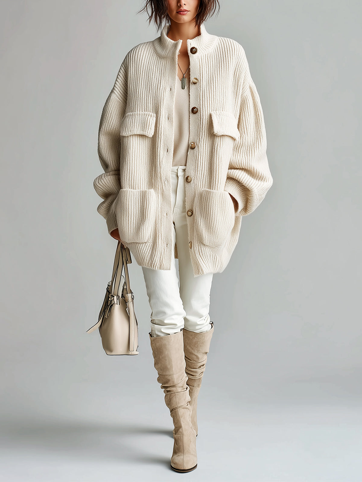 Taidalw Chic Vintage Cream White Stand Collar Utility Pocket Single-Breasted Oversized Ribbed Knit Cardigan