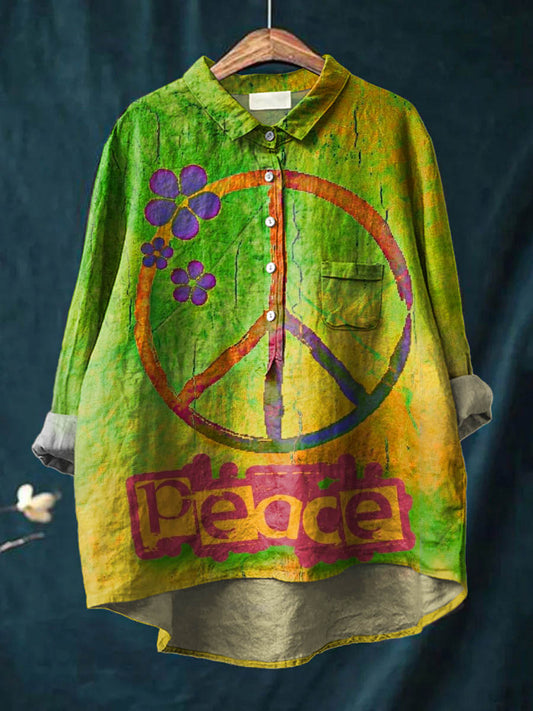 Vintage Peace And Love Art Print Casual Cotton And Linen Shirt