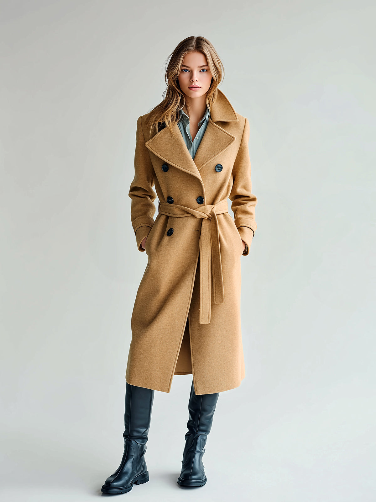 Taidalw Chic Vintage Camel Wool Blend Oversized Lapel Double-Breasted Belted Mid-Length Warm Coat