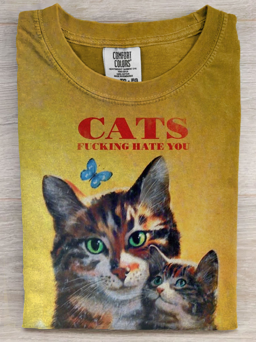 Vintage Funny Cat Art Print Casaul Short Sleeve T-shirt