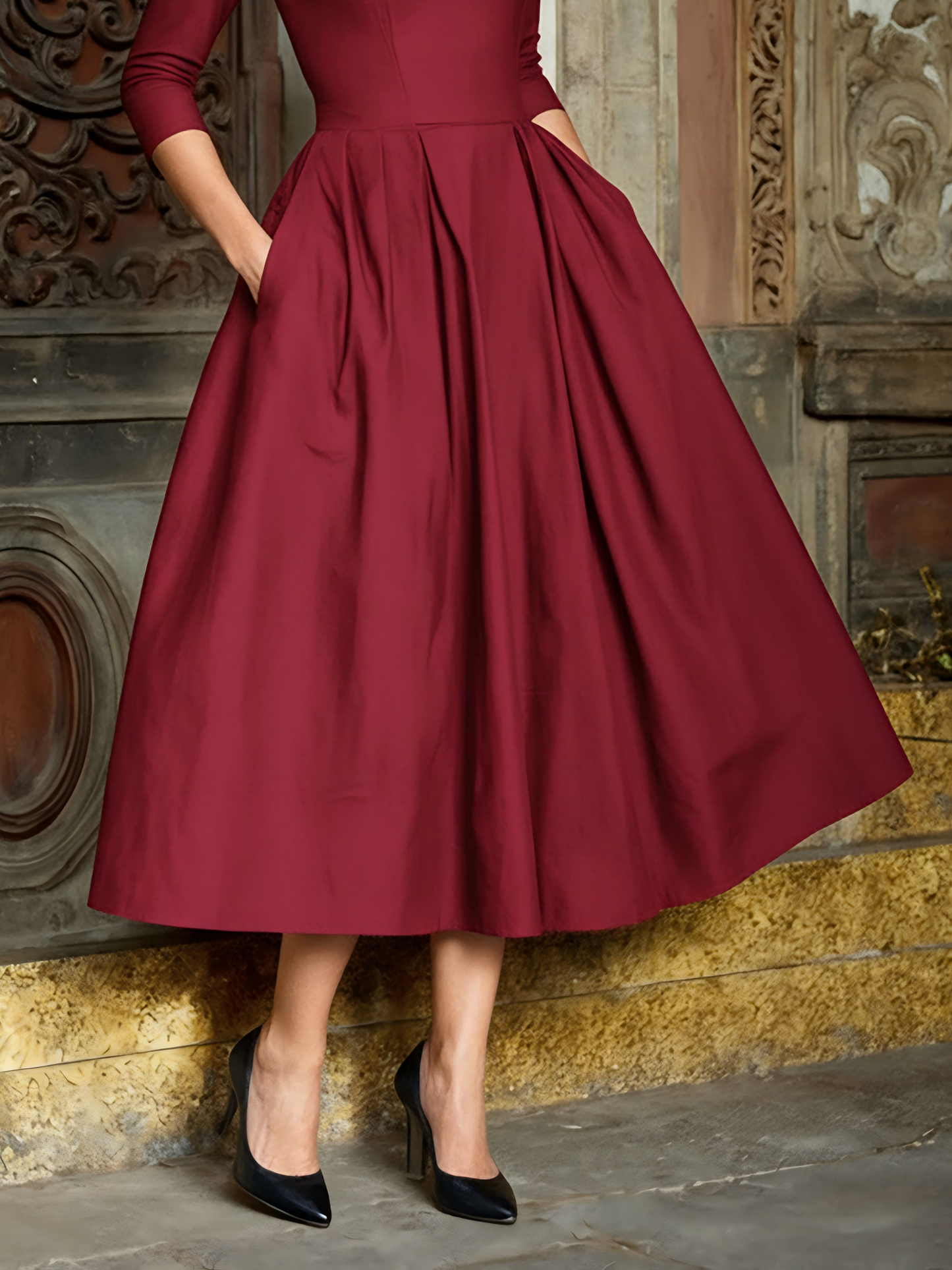 Midi Cotton Dress, Half Sleeve, Shawl Collar, Plain, Pocket Design, Vintage, Black