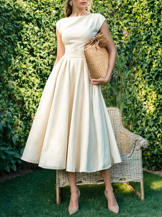 Linen Midi Dress, Cap Sleeve, Boat Neck, Plain, Vintage, Off White