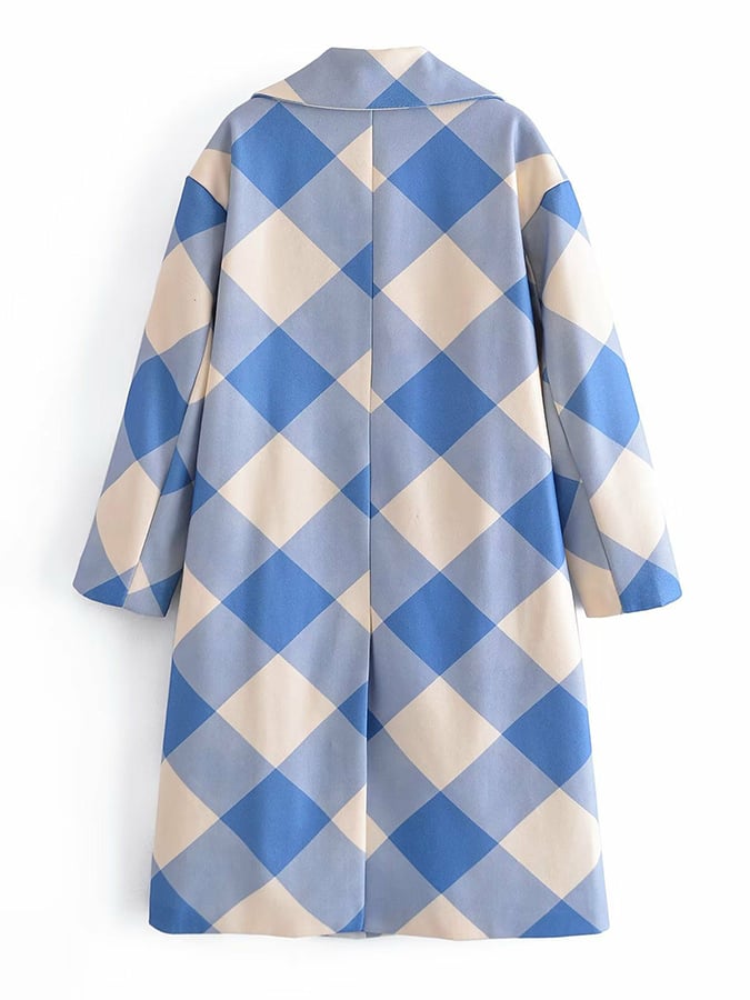 Women's Retro Contrast Blue Plaid Design Loose Coat Jacket