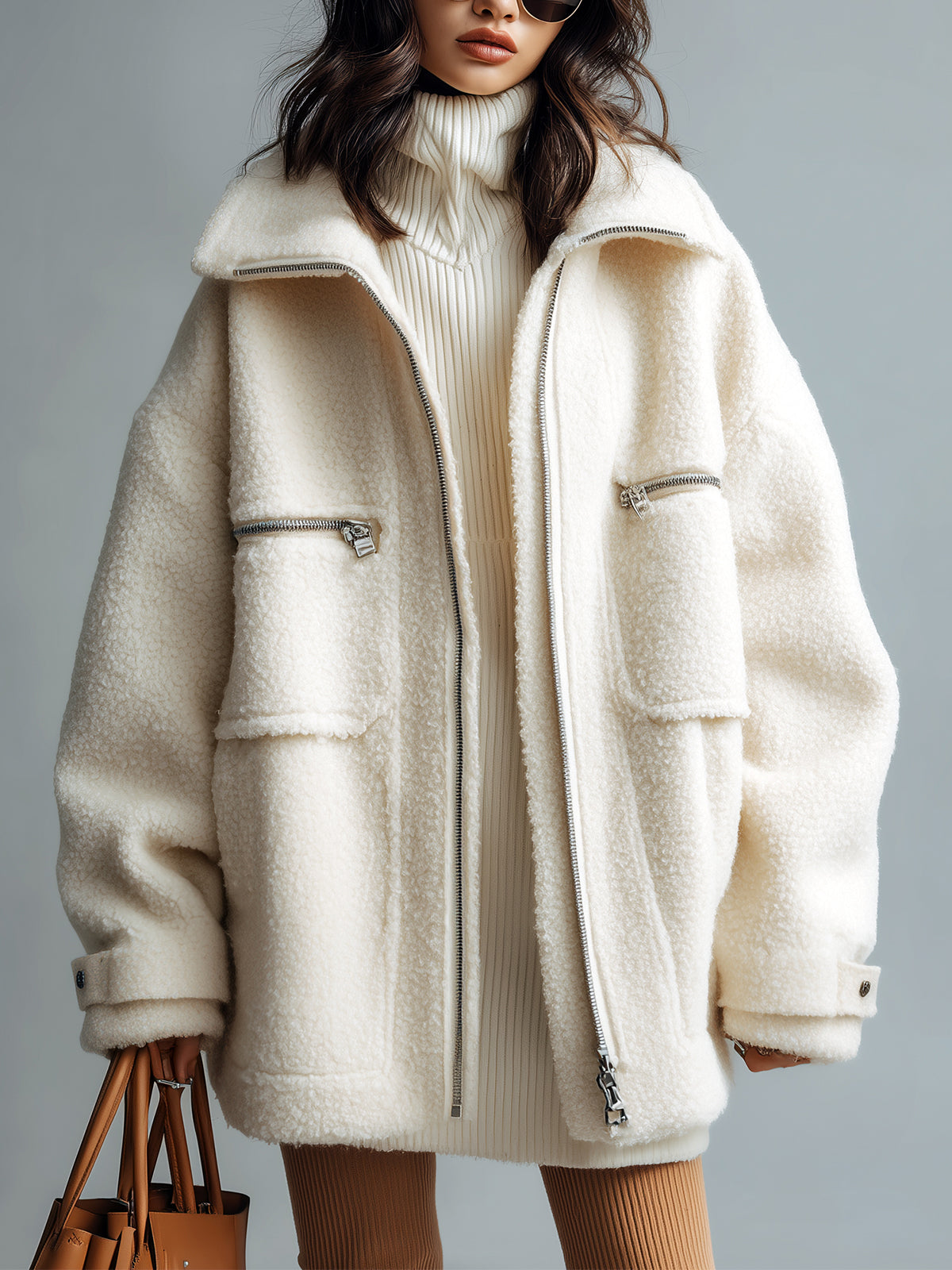 Taidalw casual Faux Lambswool Lapel Zipper Front Multi-pocket Oversized Warm Coat