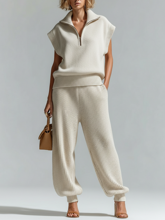 Taidalw Chic Casual White Lapel-Collar Zip-Front Sleeveless Loose Vest Wide-Leg Pants Knit Two-Piece Set