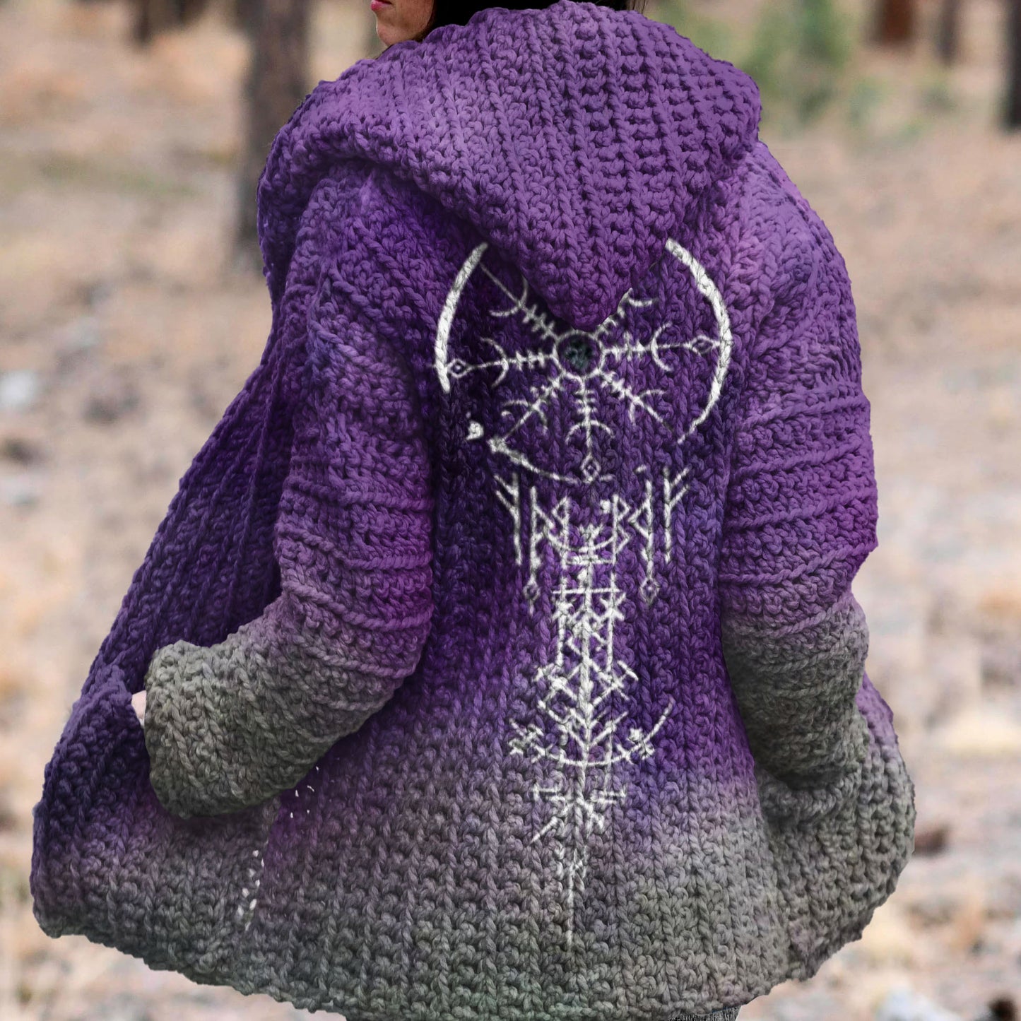 Tie-Dye Ombre Viking Compass Pattern Hooded Sweater Cardigan