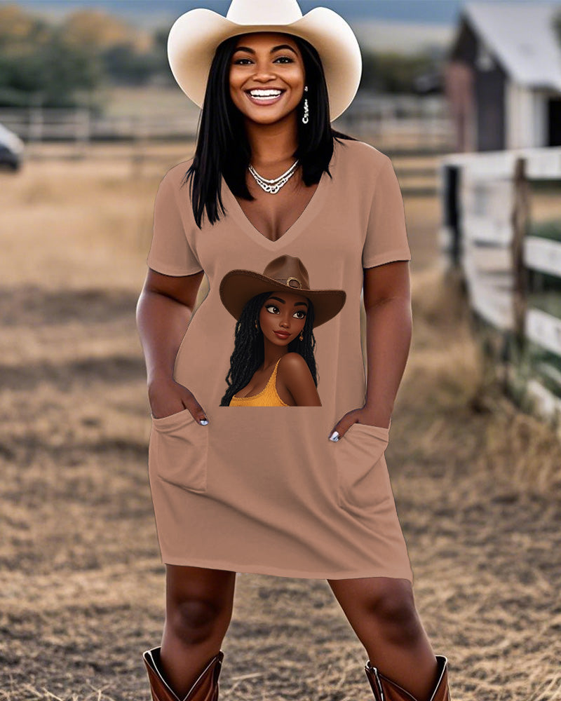 Cartoon Cute Cowgirl Casual V-neck Pocket Dress