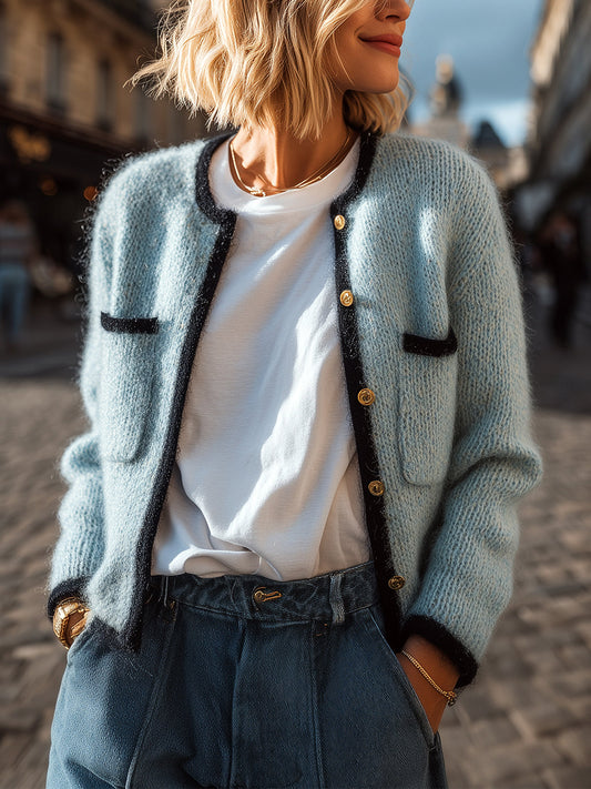 Taidalw Chic Elegant Light Blue With Black Contrast Trim Gold Button Patch Pocket Cropped Knit Cardigan