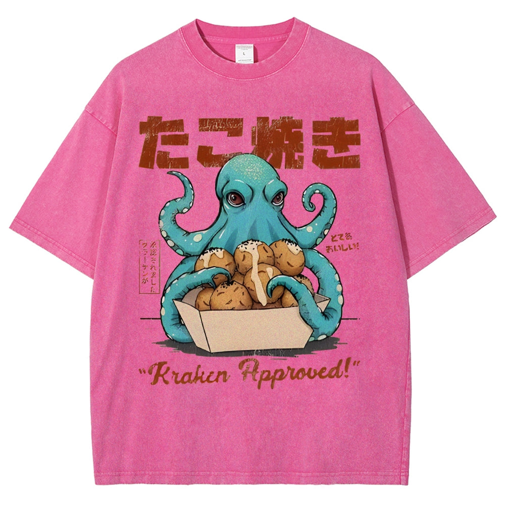 Unisex Japanese Octopus Printed Washed Tee