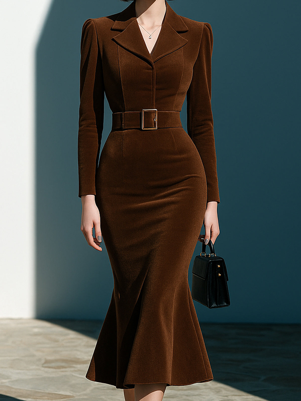 Taidalw Elegant Vintage Dark Brown Velvet Notched Collar Peplum Hem Belted Long Sleeve Midi Dress