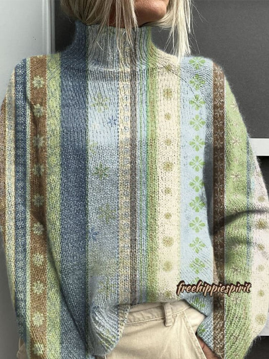 Floral Patchwork Print Knitted Turtleneck Pullover Sweater