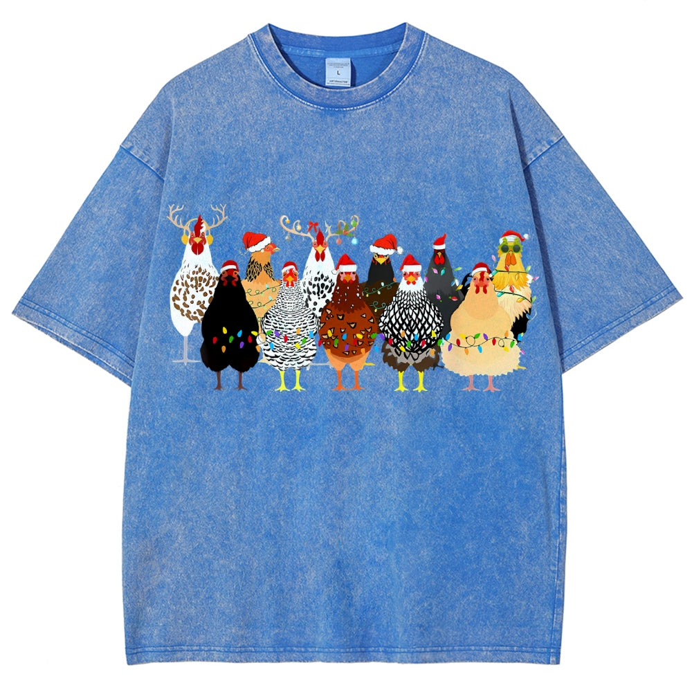 Unisex Christmas Chicken Printed Washed Tee