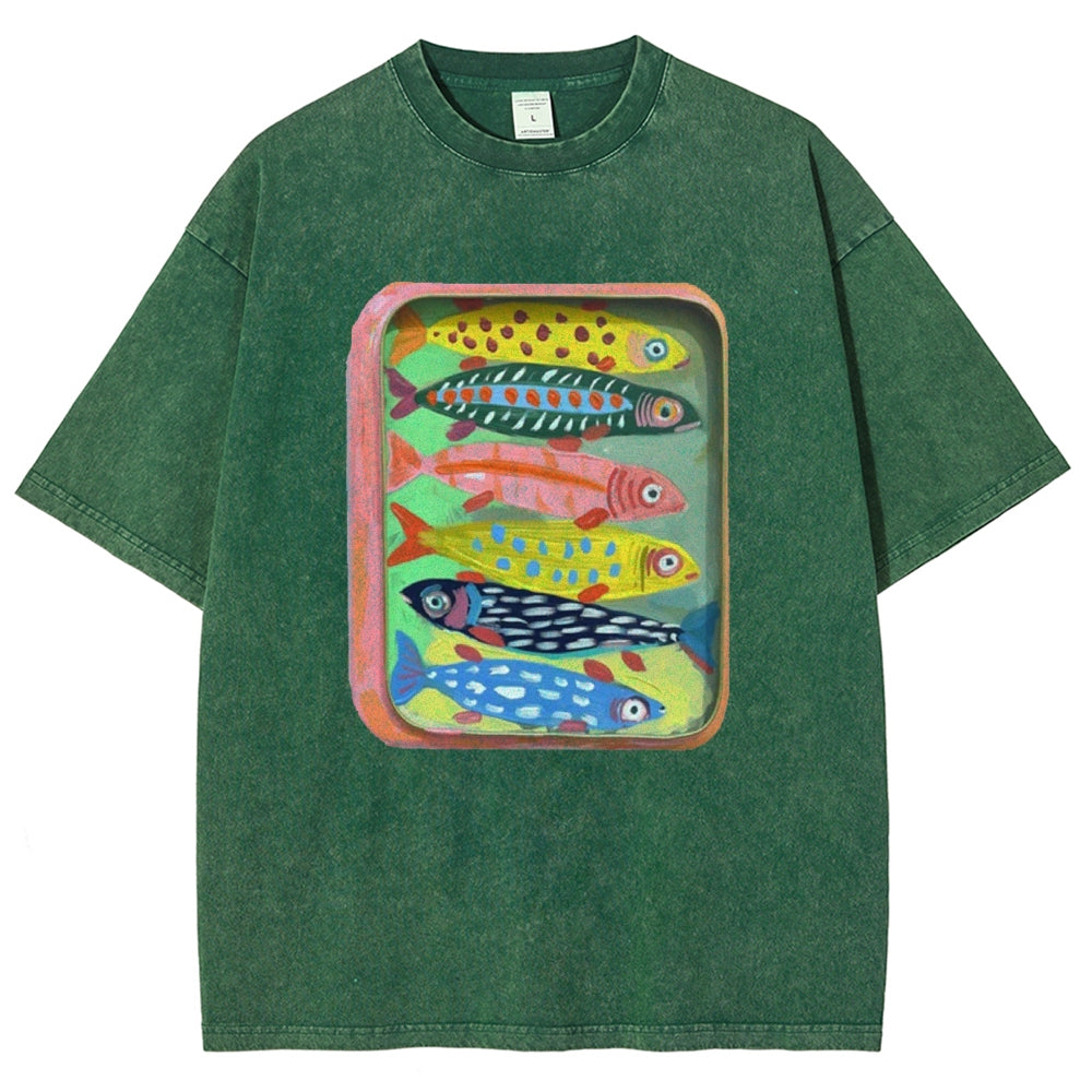 Unisex Canned Sardines Printed Casual Washed T-shirt