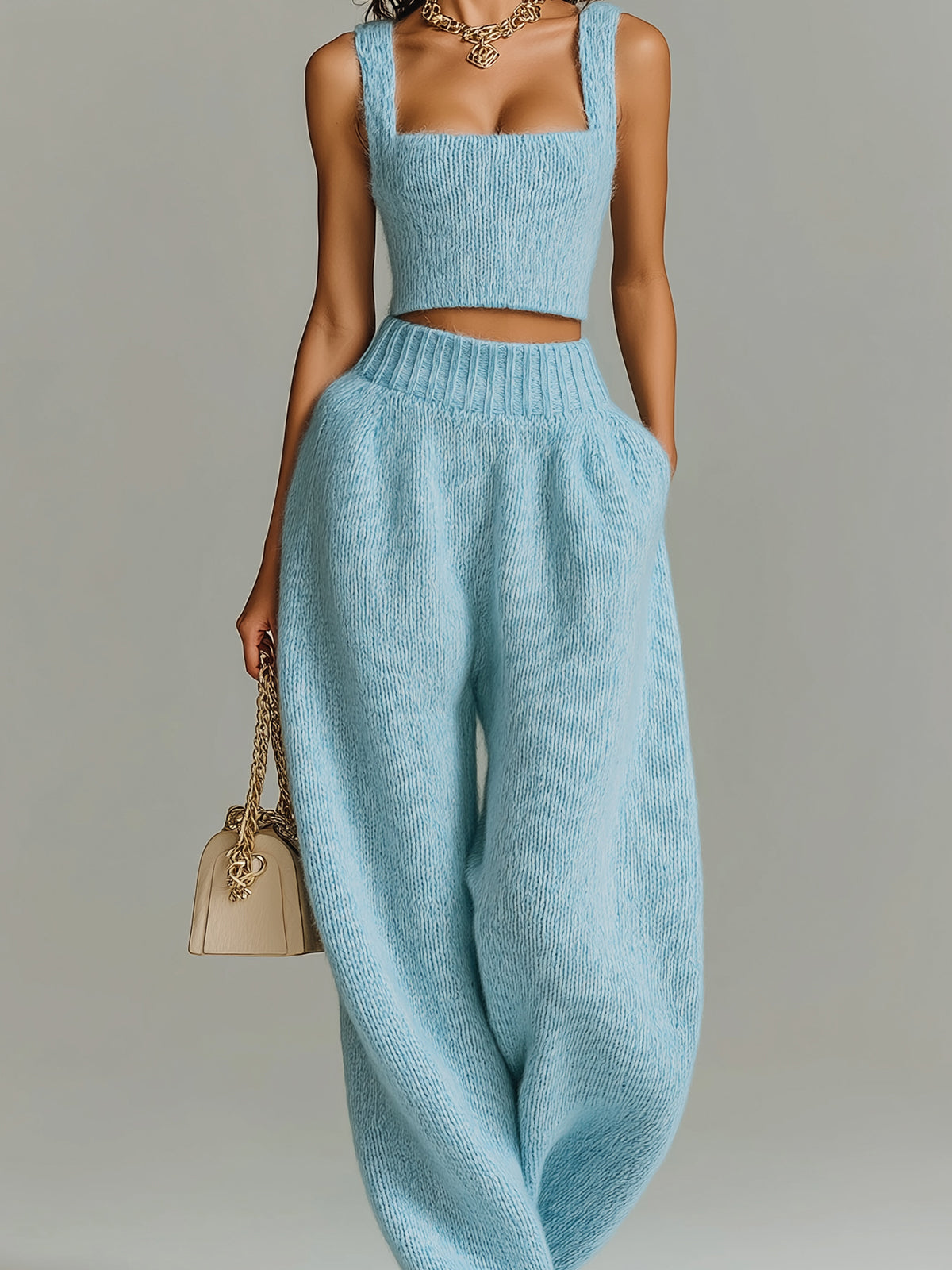 Taidalw Chic Elegant Blue Square-Neck Slim-Fit Tank Top And Elastic Waist Wide-Leg Pants Ribbed Knit Two-Piece Set