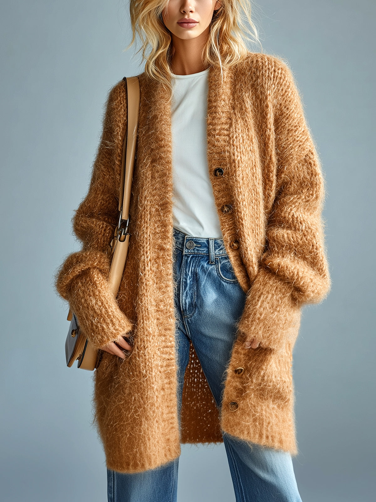 Taidalw Chic Vintage Khaki V-Neck Single-Breasted Long Sleeve Oversized Knit Mid-Length Cardigan