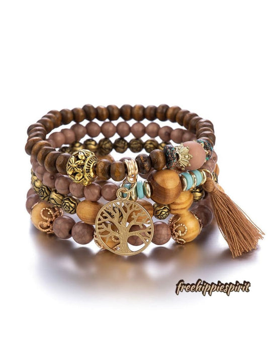 Ethnic Multi Layered Wooden Beads Stretch String Bracelet