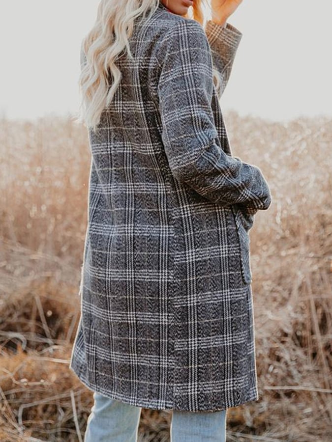 Stylish Commuter Plaid Button Front Faux Woolen Coat