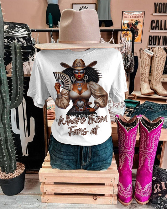 Where Them Fans At Cowgirl Crew Neck Short Sleeve Cotton T-shirt