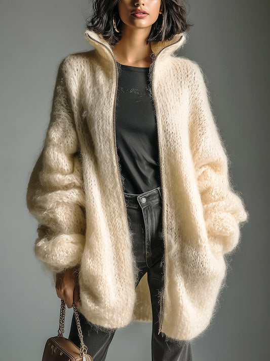 Taidalw Chic Casual Cream White Stand Collar Zip-Up Fuzzy Lantern Sleeve Slouchy Knit Cardigan