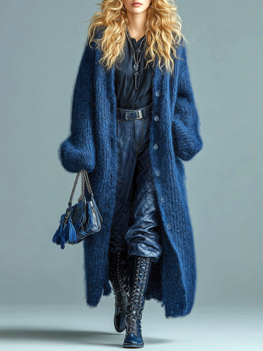Taidalw Casual Chic Navy Blue Single-breasted Oversized Longline Fuzzy Knit Cardigan