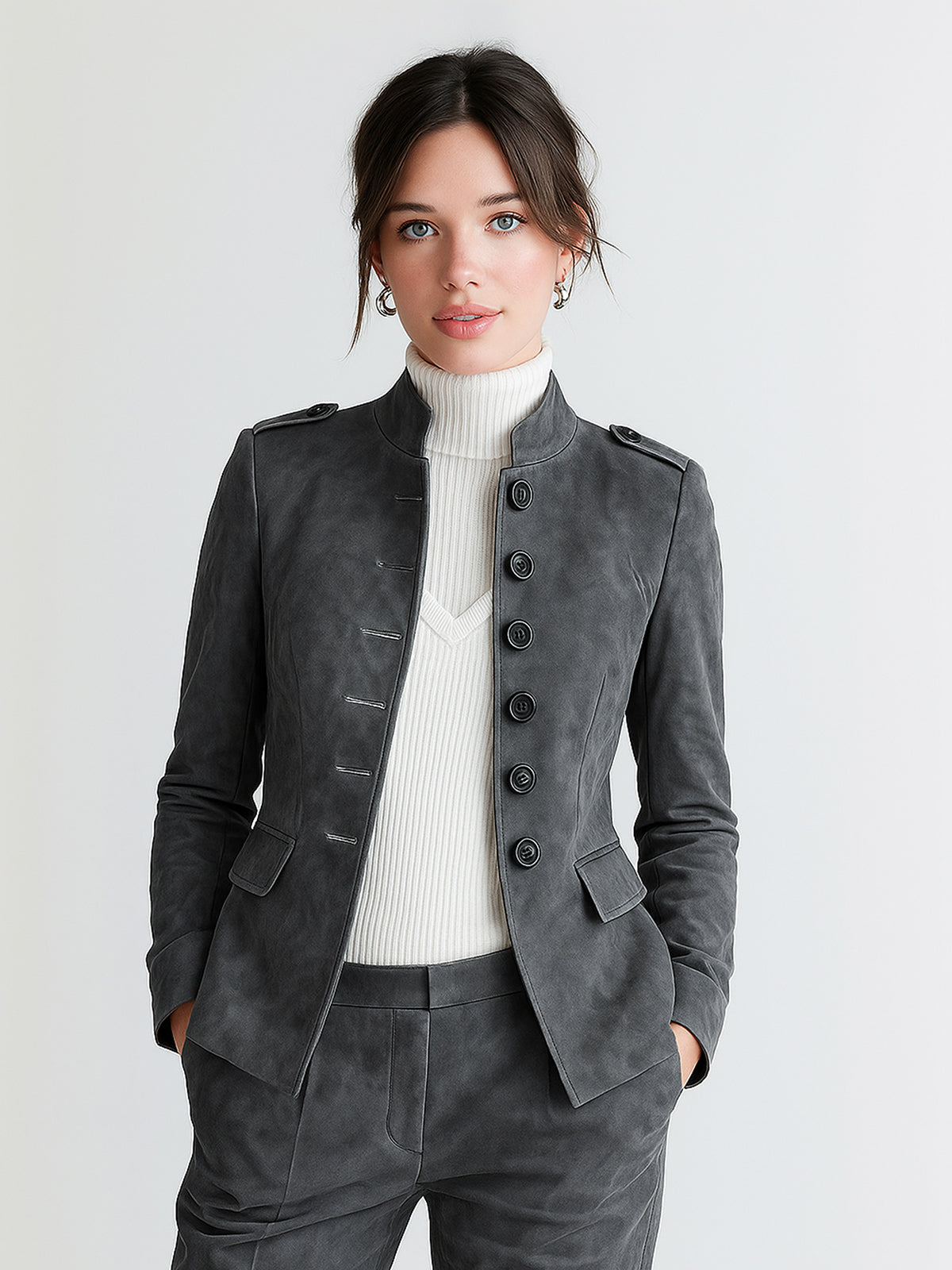 Taidalw Sophisticated Office Faux Suede Stand Collar Button-Front Epaulet Slim-Fit Blazer