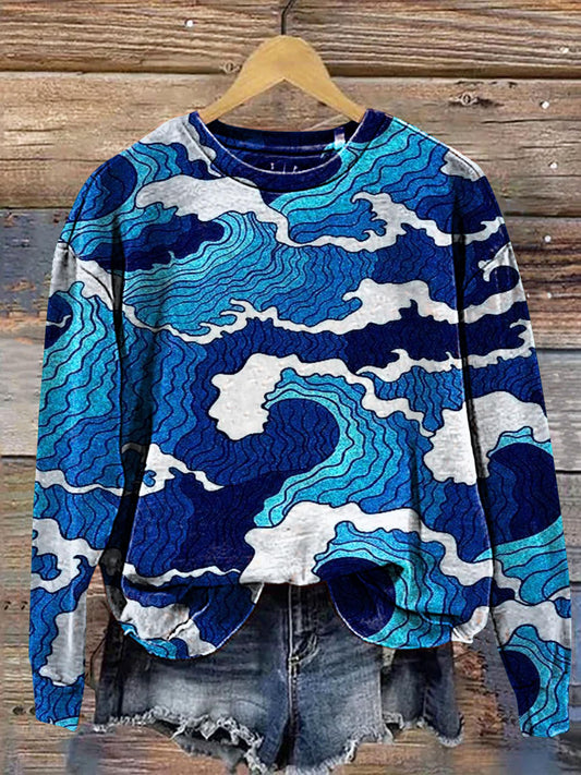 Vintage Wave Art Print Casual Sweatshirt