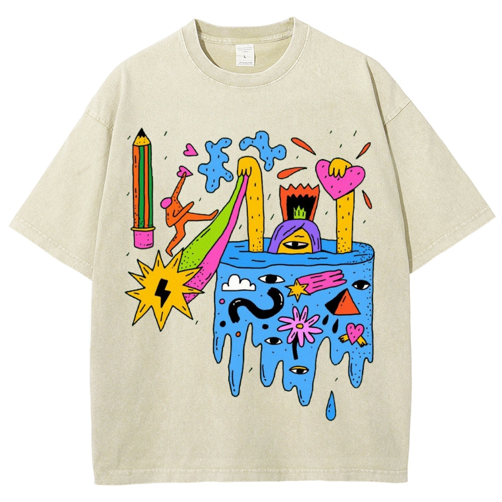 Unisex Abstract Art Eyes Printed Washed Tee