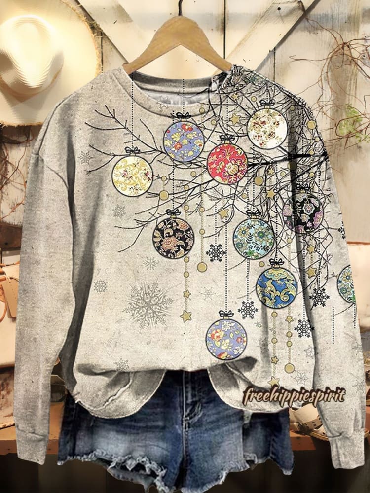 Women's Vintage Christmas Vibe Art Print Casual Crew Neck Sweatshirt