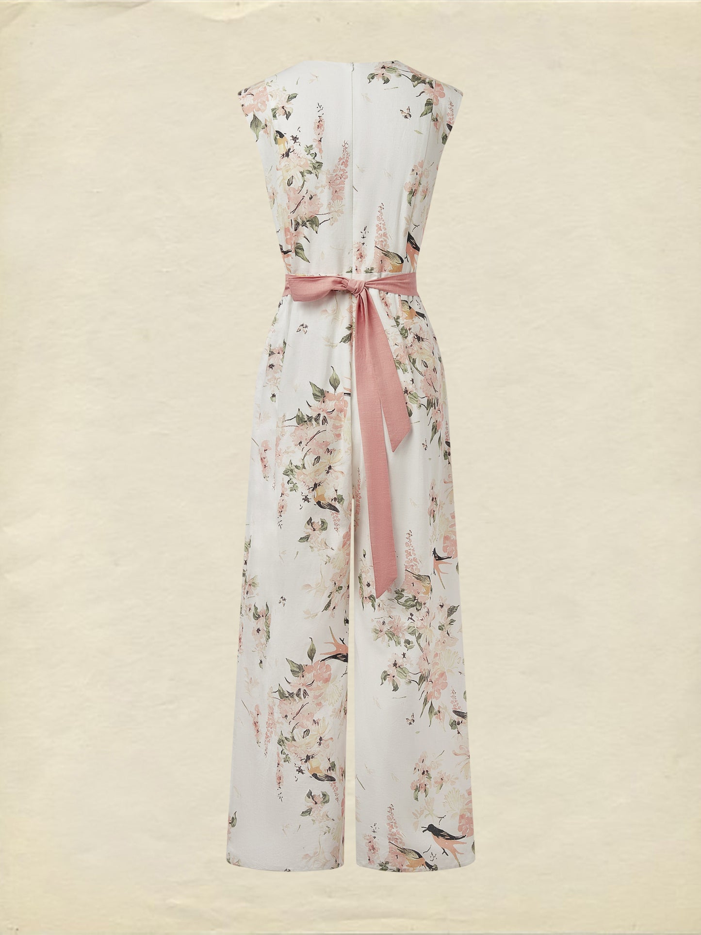 Linen Jumpsuit , Sleeveless, Round Neck, Floral, Button Design, Vacation, Vintage, White