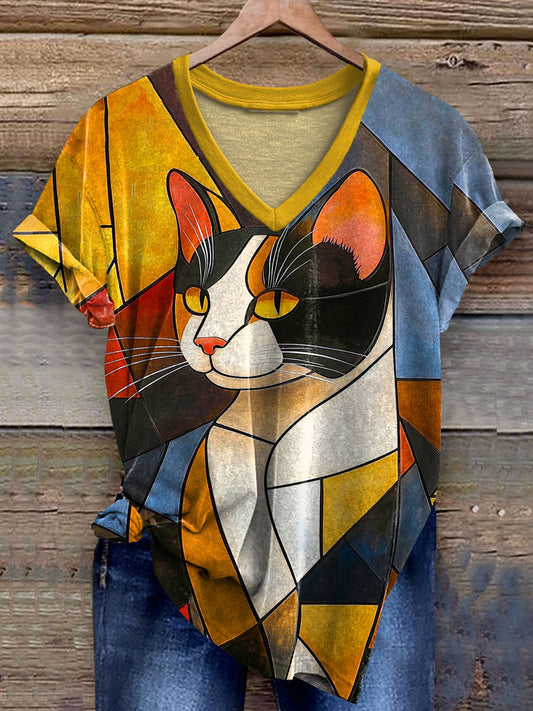 Vintage Abstrct Cat Art Print V-neck Casual T-Shirt