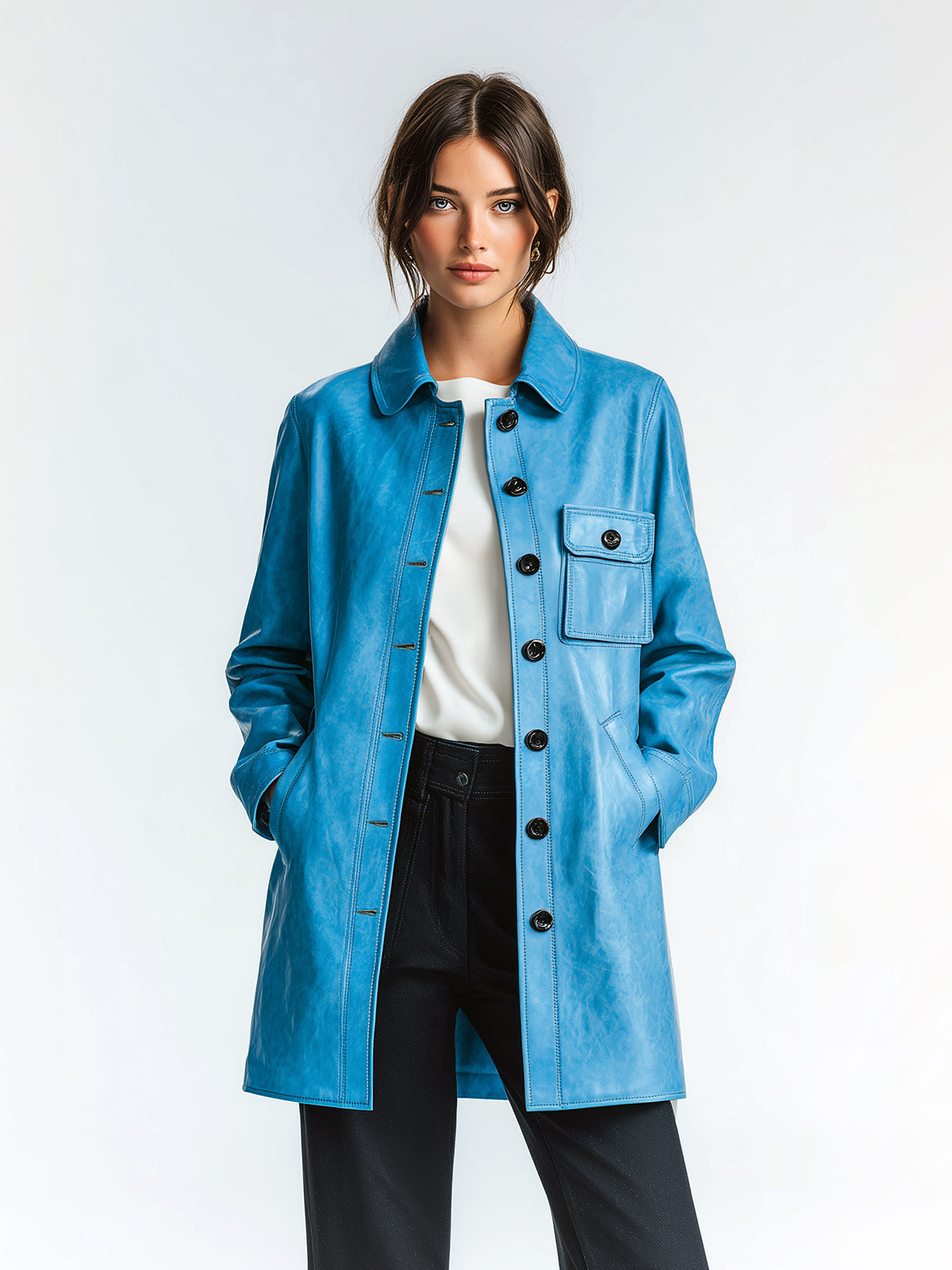 Taidalw Chic Vintage Blue Faux Leather Lapel Single-Breasted Utility Pocket Mid-Length Jacket