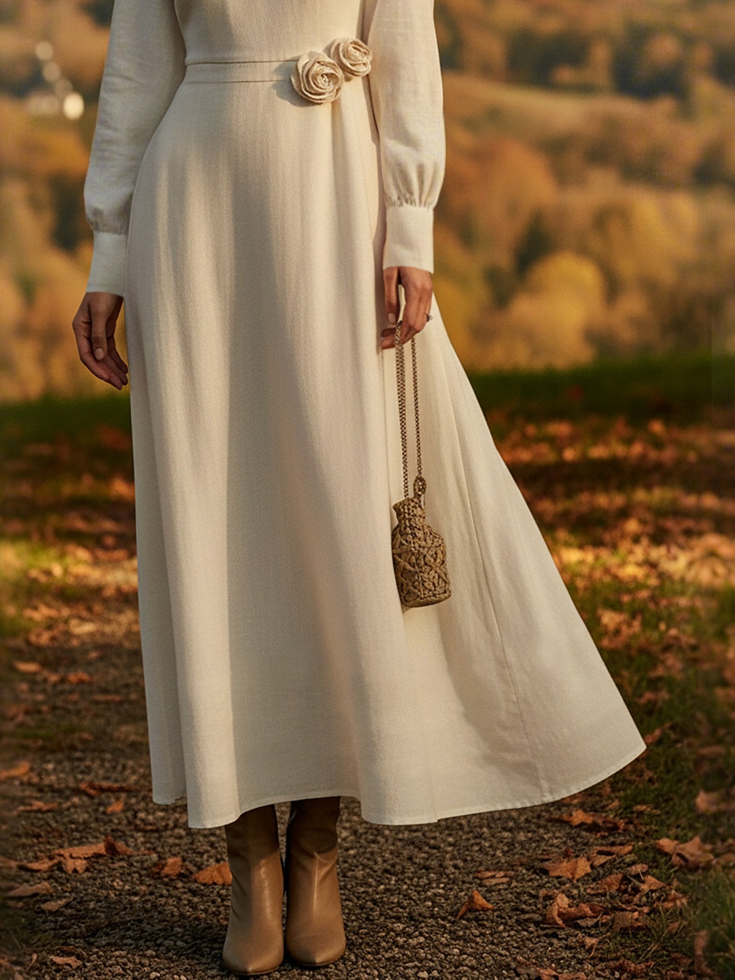 Maxi Linen Dress, Long Sleeves, Round Neck, Plain, 3D Floral, Vintage, White