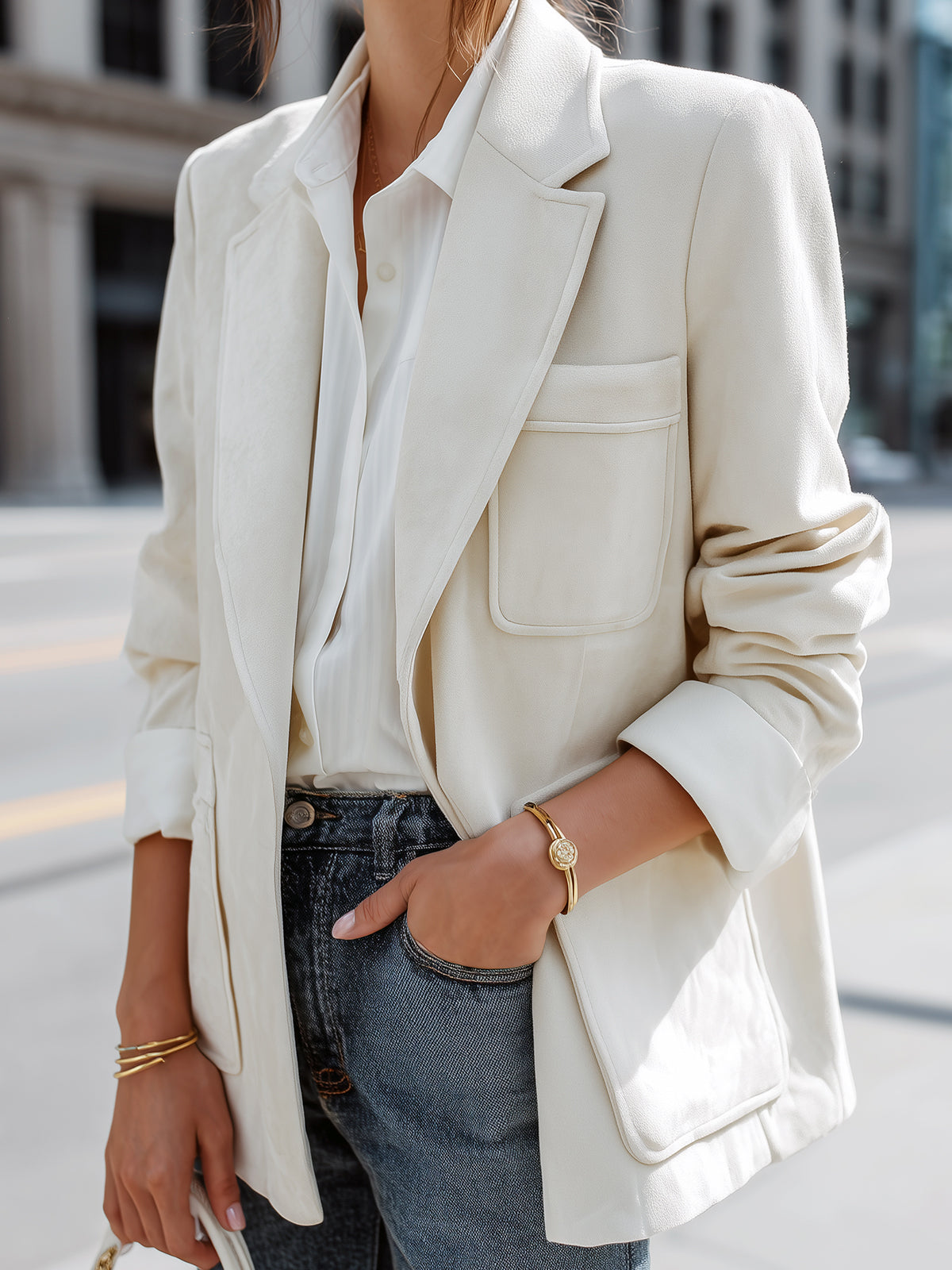 Taidalw Casual Office Cream White Faux Suede Notch Lapel Single-Breasted Patch Pockets Oversized Blazer