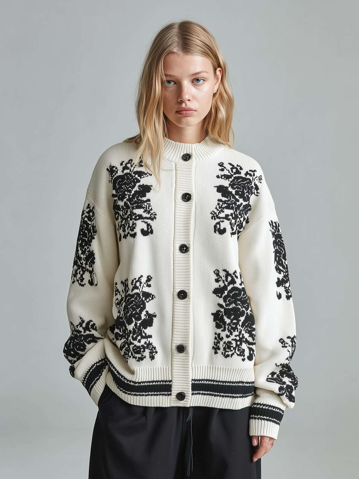 Taidalw Chic Casual White Round Collar Long-sleeved Button Black Pattern Contrast Trim Details Oversized Knit Cardigan